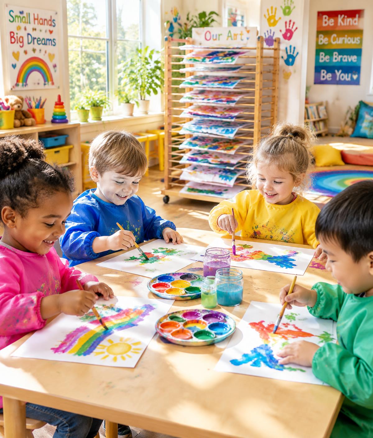 Toddlers painting together at a low table in the Bright Eyes classroom